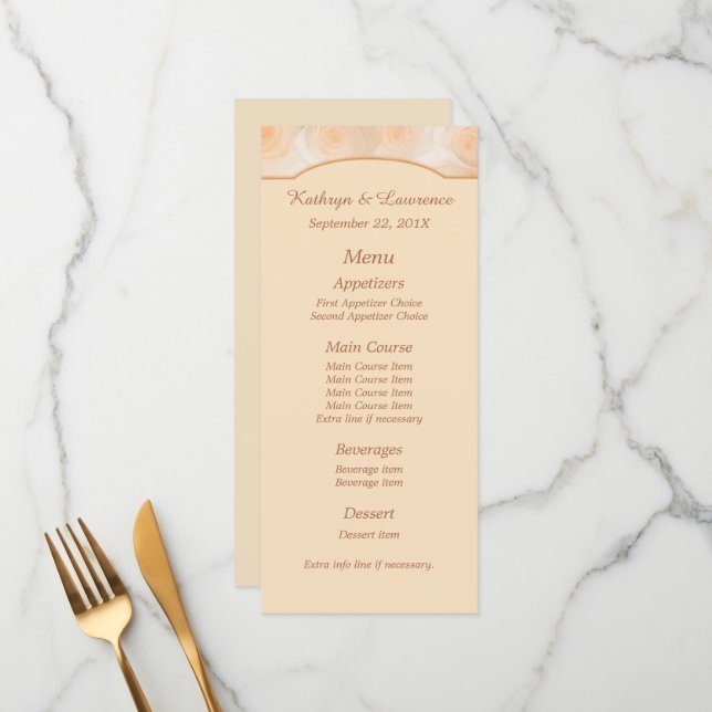 Menú Boda personalizado de Rosas de mandarina (Anverso/Reverso In Situ)