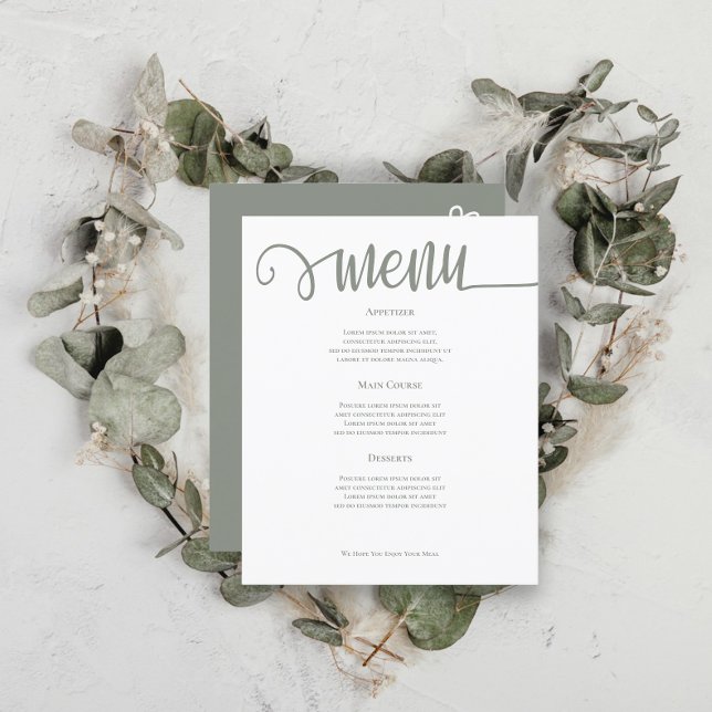 Menú Boda personalizado verde sabio (Sage Green Personalized Wedding Menus from Ricaso. Add your own text to these delightful menu cards)