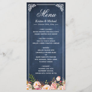 Menú boda Pizarro Rústico Floral Vintage Azul