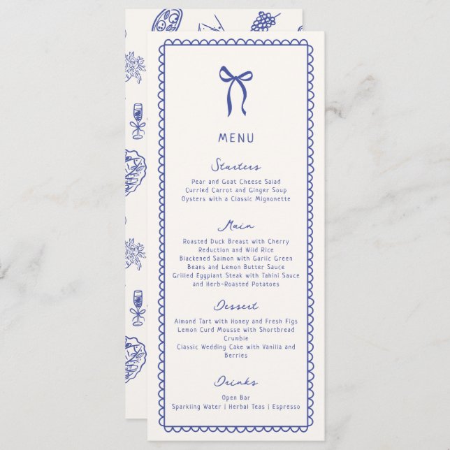 Menú Boda plano caprichoso, azul (Anverso / Reverso)