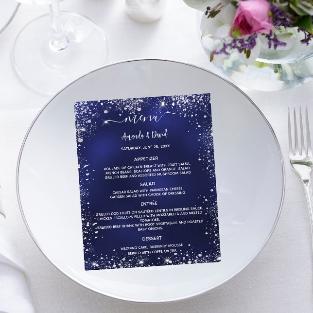 Menú boda presupuesto purpurina azul marino blanco (Subido por el creador)