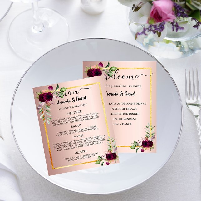Menú boda Programa rosa de floraciones de oro pres (Subido por el creador)