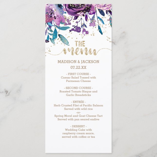 Menú Boda Purple Floral Champagne Gold Confetti (Anverso)