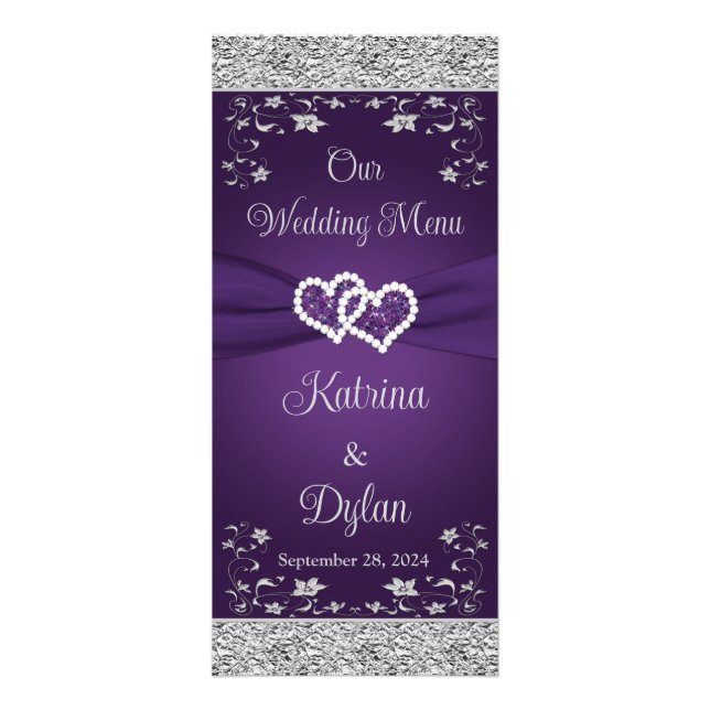 Menú Boda Purple, Gray Love Heart (Frente)
