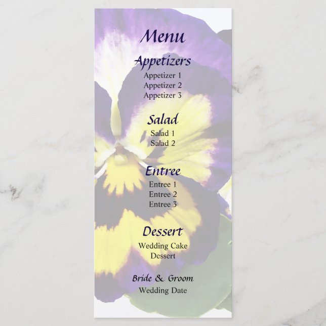 Menú Boda Púrpura Amarillo y Pansies Blancos (Anverso)