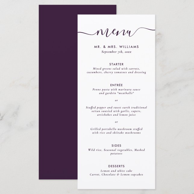 Menú Boda púrpura moderno (Anverso / Reverso)