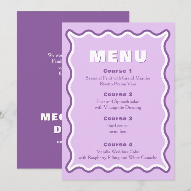 Menú Boda púrpura ondulante retro (Anverso / Reverso)
