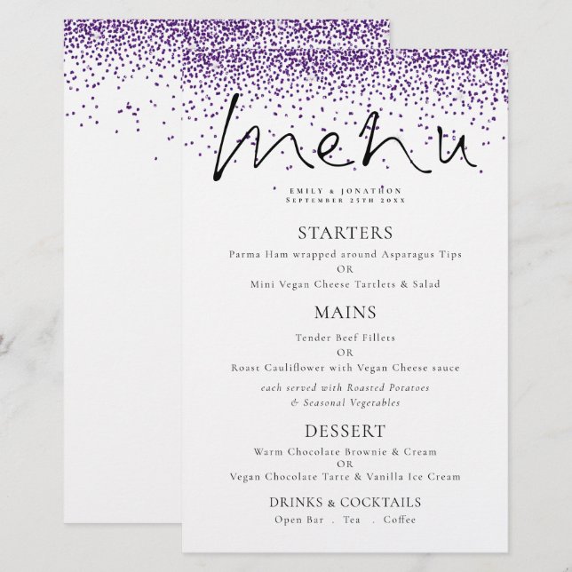 Menú Boda Purpurina púrpura con guión elegante de  (Anverso / Reverso)
