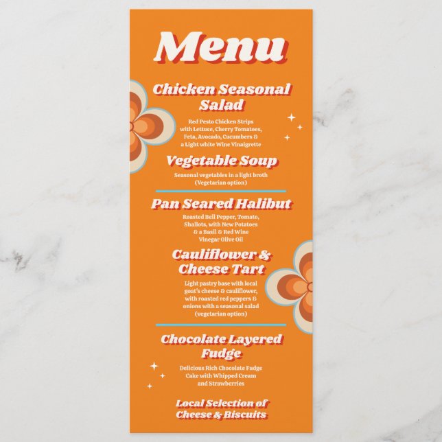 Menú Boda Recepción Retro Vintage de 1970 (Anverso)