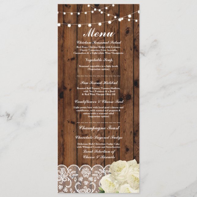 Menú Boda Recepción Tarjetas de Madera Rústica con (Anverso)