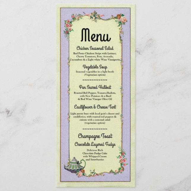Menú Boda Recepción Tetería Wonderland Tarjetas (Anverso)