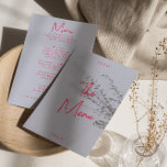 Menú Boda Retro Brillante Y Brillante Moderno<br><div class="desc">Un colorido menú retro funky moderno y luminoso para la cena boda. Que presenta el diseño de plantillas de moda de fondo perwinkle boho vintage y tipografía rosa brillante y menú escrito a mano en rosa . Perfecto y a la par con el original ambiente de la suite con letras...</div>