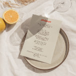 Menú Boda retro colorido y brillante Funky moderno de l<br><div class="desc">Un colorido menú retro funky moderno y luminoso para la cena boda. Que presenta el diseño de plantillas de moda de fondo de crema boho vintage y tipografía negra y menú escrito a mano en naranja. Y fondo naranja brillante. Perfecto y a juego con la suite.</div>