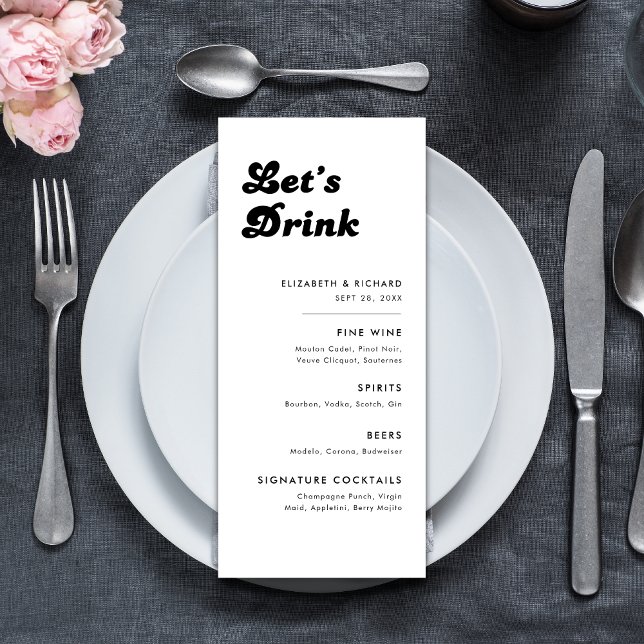 Menú Boda Retro con Estilo Bar de Bebidas Blanco Negro (Retro black and white bar menu adds a stylish, fun touch to your wedding drinks display.)