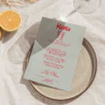 Menú Boda Retro De Champán Quirky De Mano Con Colorido<br><div class="desc">Un colorido menú retro funky moderno de boda rojo y azul celeste. Que presenta diseño de plantilla de moda de fondo azul cielo y tipografía escrita a mano roja vívida. Con gafas de cóctel dibujadas a mano con cintas. Una perfecta y a juego con la suite.</div>