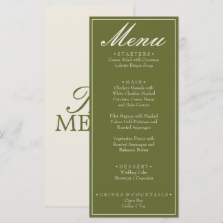 Menú Boda Retro de Dinero Antiguo con Oliva Verde Elega