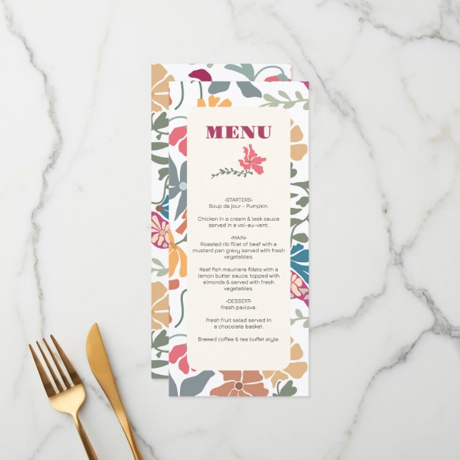 Menú Boda Retro de Época Media Floral Boho Chic (Anverso/Reverso In Situ)