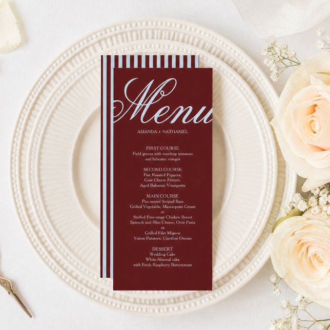 Menú Boda Retro de Rayas Azul Hielo y Burdeos (Subido por el creador)