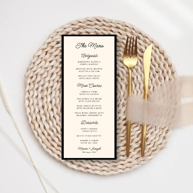 Menú Boda Retro Negro y Marfil (Retro black and ivory wedding menu brings timeless elegance to your reception tables.)