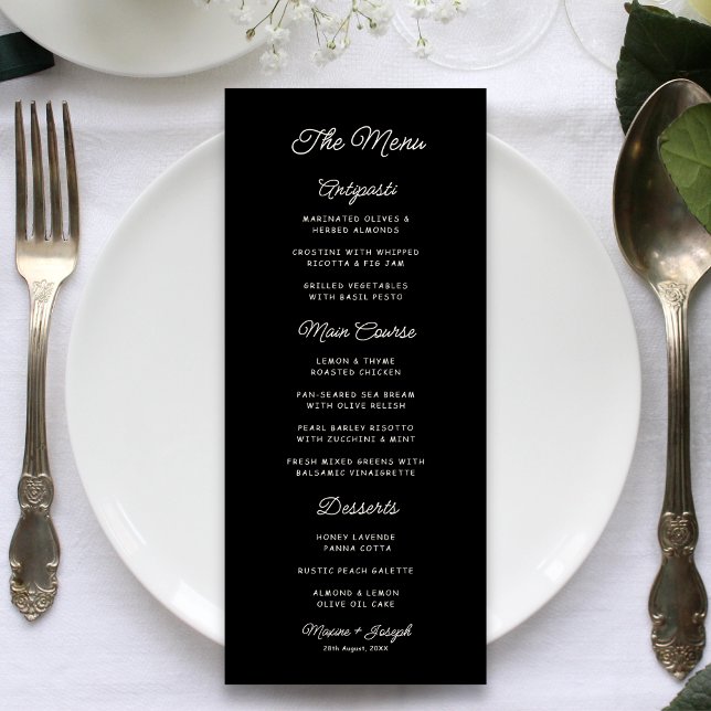 Menú Boda Retro Negro y Marfil (Retro black and ivory wedding menu adds vintage charm and elegance to every table.)
