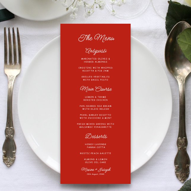 Menú Boda Retro Rojo y Blanco (Retro red and white wedding menu adds vintage charm and a memorable dining touch.)