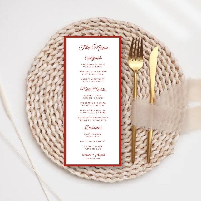 Menú Boda Retro Rojo y Blanco (Retro red and white wedding menu adds vintage charm and stylish table appeal.)