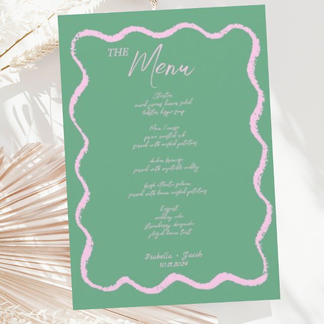 Menú Boda Retro Squiggle Pink and Green Handwriter (Subido por el creador)