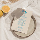 Menú Boda retro trenzado a mano de estilo francés azul<br><div class="desc">Un colorido menú retro funky moderno para la cena boda blanco y negro. Que presenta diseño de plantillas de moda de fondo lechoso cremoso y tipografía escrita a mano azul de Marsella. Con gafas de cóctel dibujadas a mano. Una perfecta y a juego con la suite.</div>