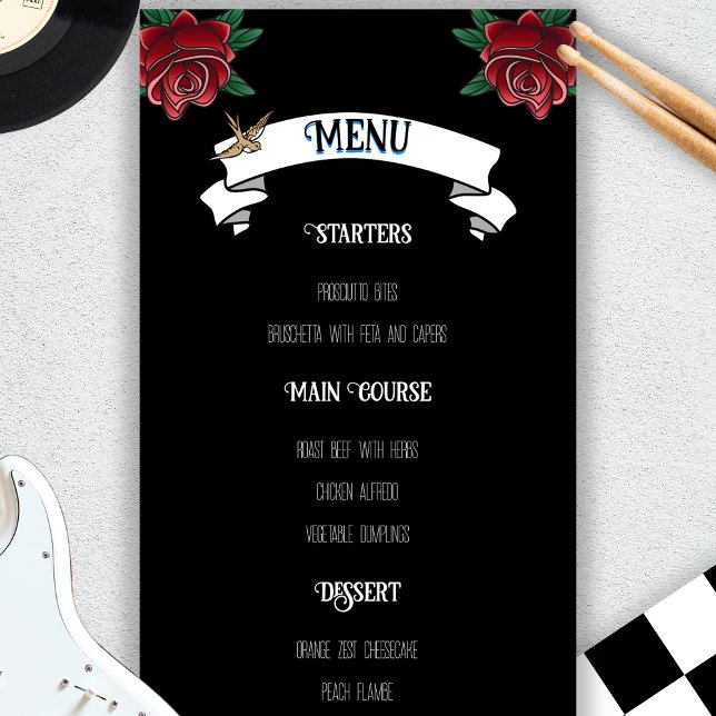 Menú Boda Rockabilly de tatuaje blanco y negro (Black and White Tattoo Rockabilly Wedding Menu)