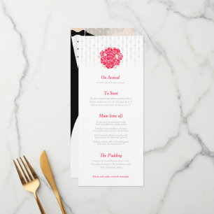 Menú boda rojo con ramo de novia y novio