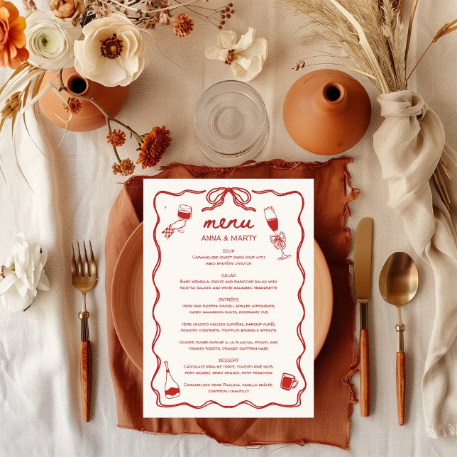 Menú Boda rojo de dibujos manuscritos de dibujos esgrim (Wedding Menu Red Hand Illustrated Hand Drawn with Sketch Doodle Scribble Drawings Unique Trendy )