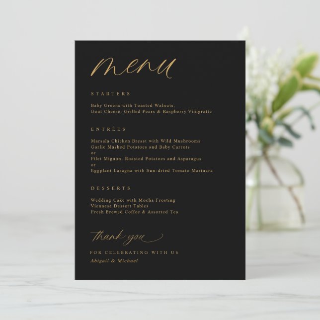 Menú Boda Romántica con Letra Negra y Dorada (Anverso de pie)