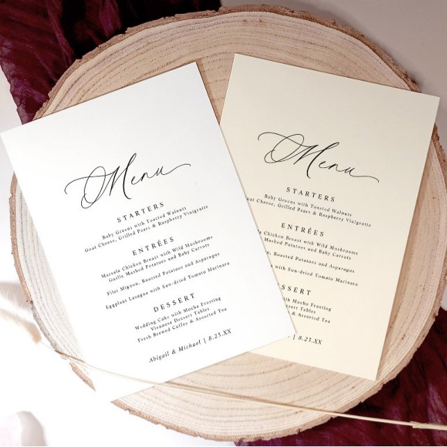 Menú Boda Romántica Moderna con Caligrafía Delicada (5x7 wedding menu with calligraphy and space for name tags—perfect for personal place settings.)