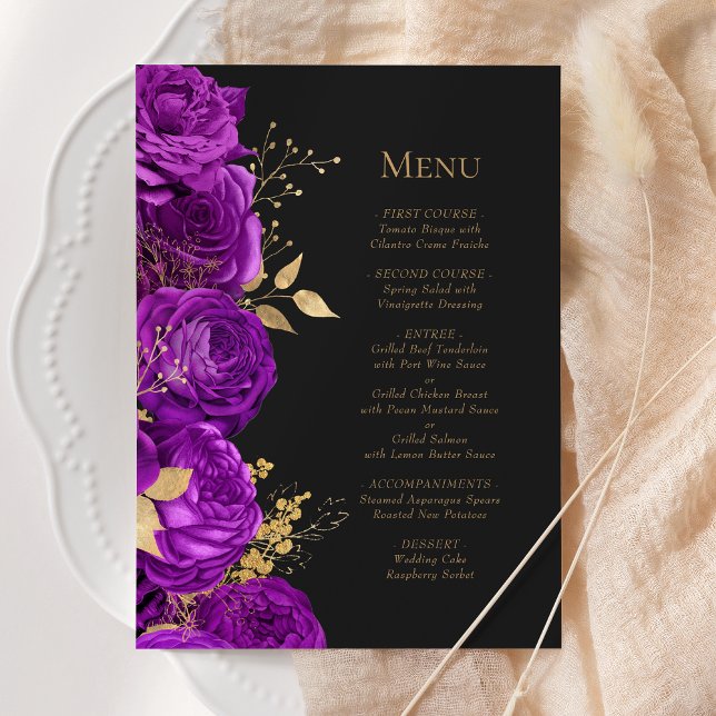 Menú Boda romántico morado dorado oscuro floral (Subido por el creador)