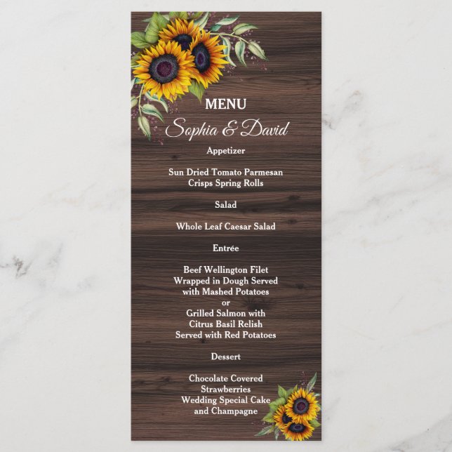 Menú Boda Romántico Sunflowers Wood (Anverso)