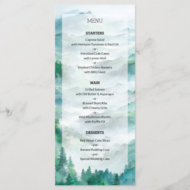 Menú Boda Romántico Verde y Azul de la Montaña Woodland (Anverso)