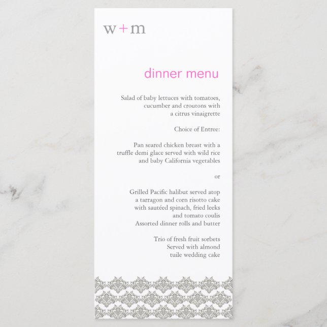 Menú Boda rosa de la simplicidad de Damask (Anverso)