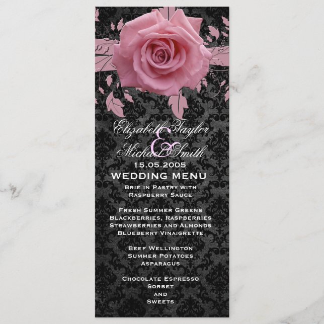 Menú Boda Rosa Rosa de Damask de lujo negro (Anverso)