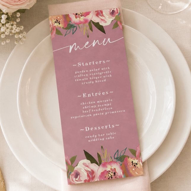 Menú Boda Rosa Salvaje Chic Florido (Elegant wild rose pink floral reception or event dinner menus)