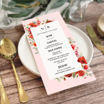 Menú Boda rosado monograma con flores silvestres de ado<br><div class="desc">Diseño de amapola de flores silvestres sobre fondo rosa claro.</div>