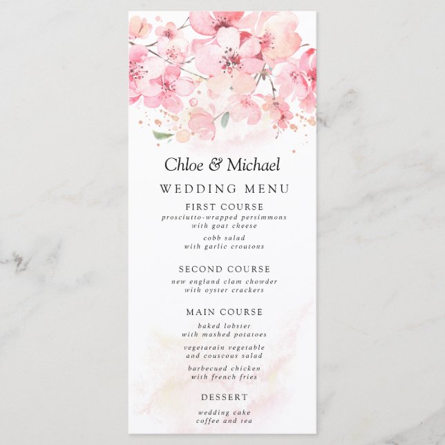 Menú Boda Rubor Pink Floral Cherry Blossom (Anverso)