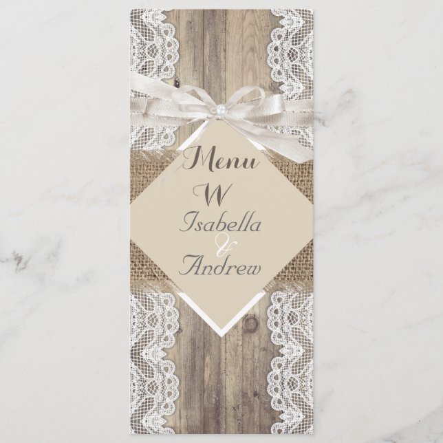 Menú Boda Rústica Beige Blanco Encaje Madera Arpil (Anverso)