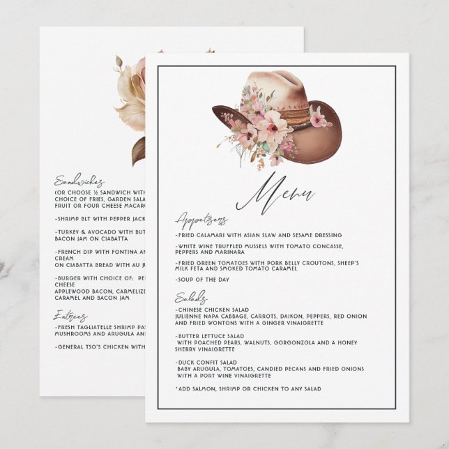 Menú Boda Rústica Boho Occidental Floral Boda de Vaquer (Anverso / Reverso)