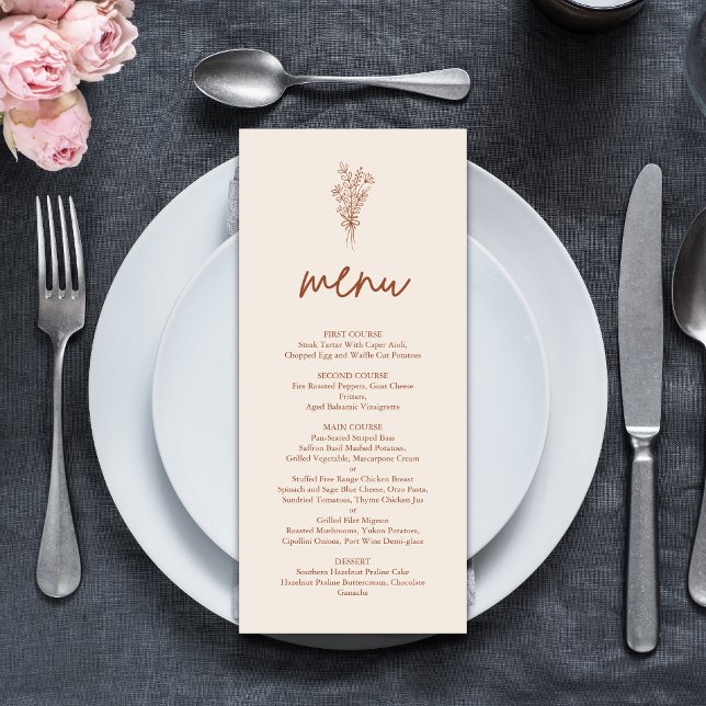 Menú Boda Rústica Boho Terracota Naranja Quemada (Boho terracotta wedding menu showcases your dishes while adding warm rustic charm.)