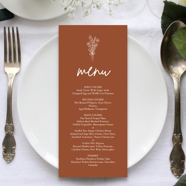 Menú Boda Rústica Boho Terracota Naranja Quemada (Boho terracotta wedding menu displays your dishes while adding warm rustic charm.)