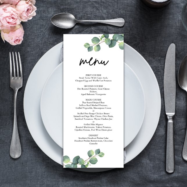 Menú Boda Rústica Botánica con Verde de Eucalipto (Rustic eucalyptus greenery menu adds natural elegance and guides guests through your wedding meal.)