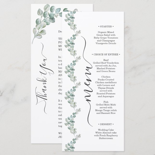 Menú Boda rústica con acuarela de vegetación de eucalip (Anverso / Reverso)