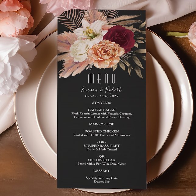 Menú Boda Rústica con Floral Burgundy y Negro (Subido por el creador)
