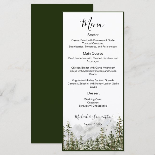 Menú Boda Rústica de Bosque de Montaña con Acuarela (Anverso / Reverso)