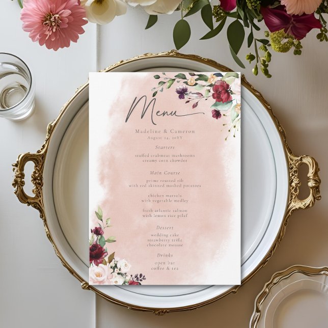 Menú Boda Rústica de Burgundy y Rosas Rosadas (Rustic Burgundy & Blush Pink Roses Wedding Menu)